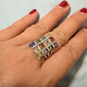 Vibrant Silver tone Ring with Multicolor Gemstones
